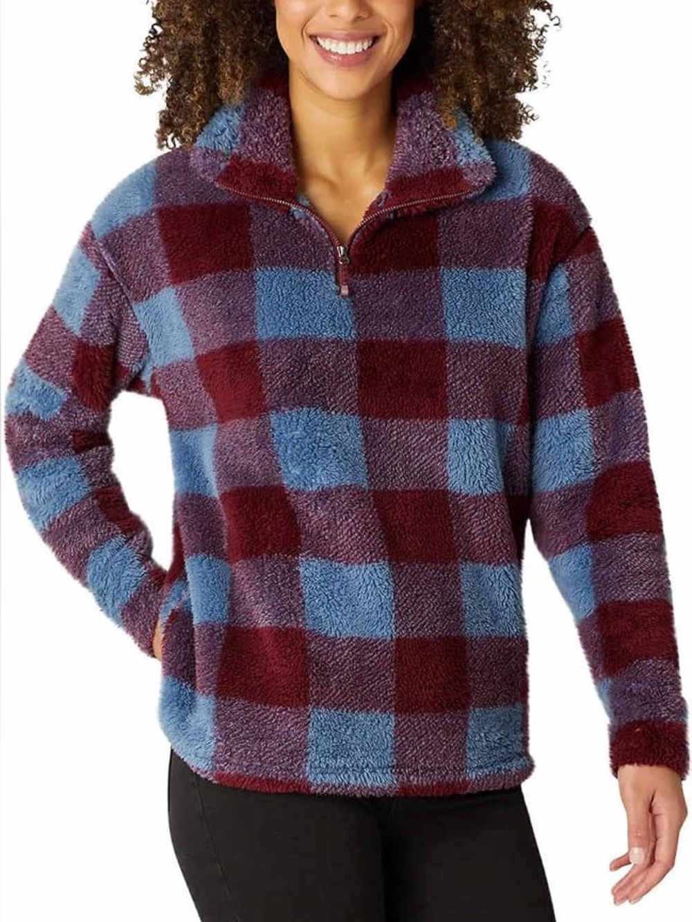 Eddie Bauer Women’s Plush Checkered Half-Zip Jacket - Blue & Burgundy